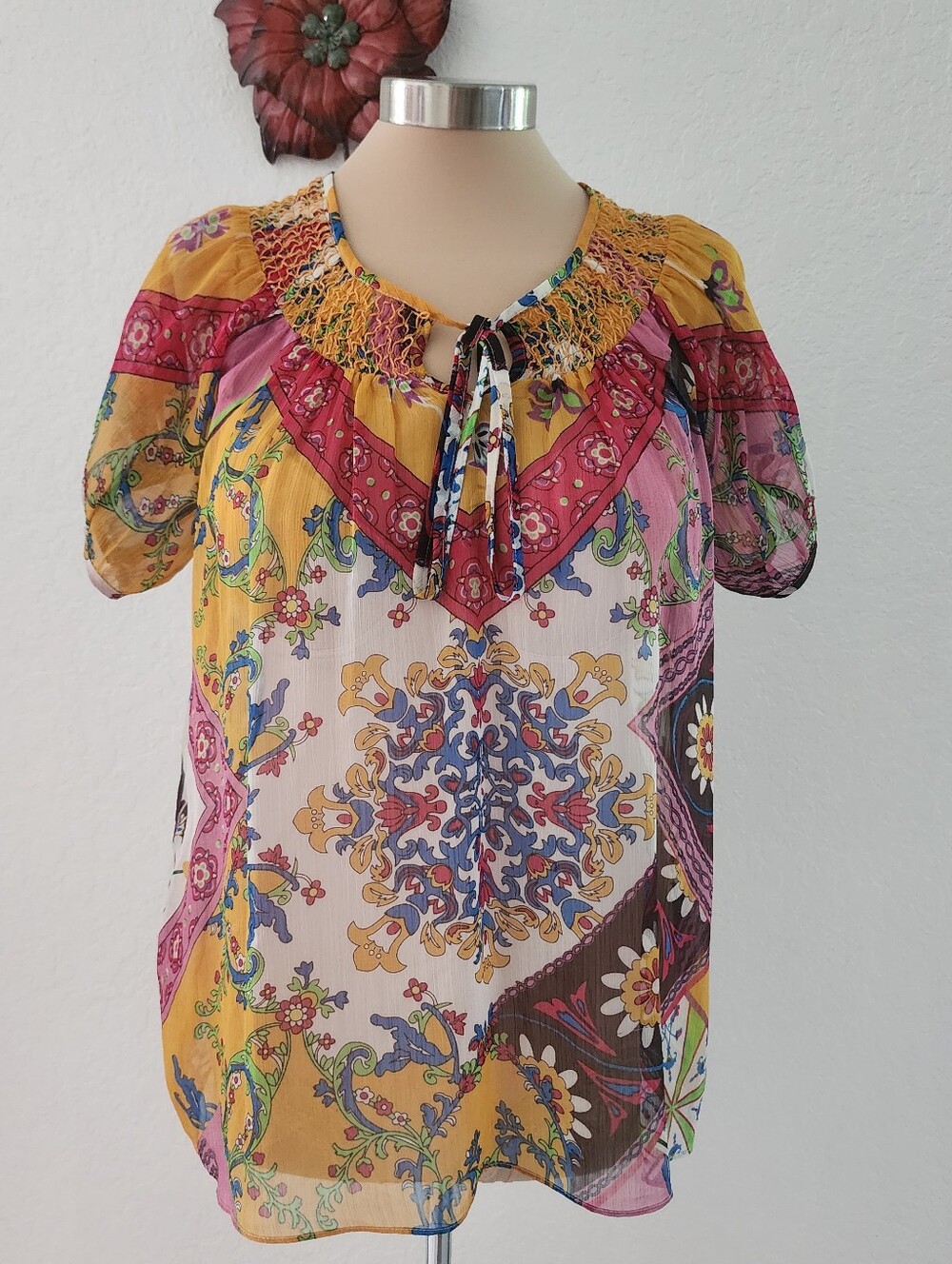 BCBGMAXAZRIA | Boho Paisley Smocked Neck Blouse